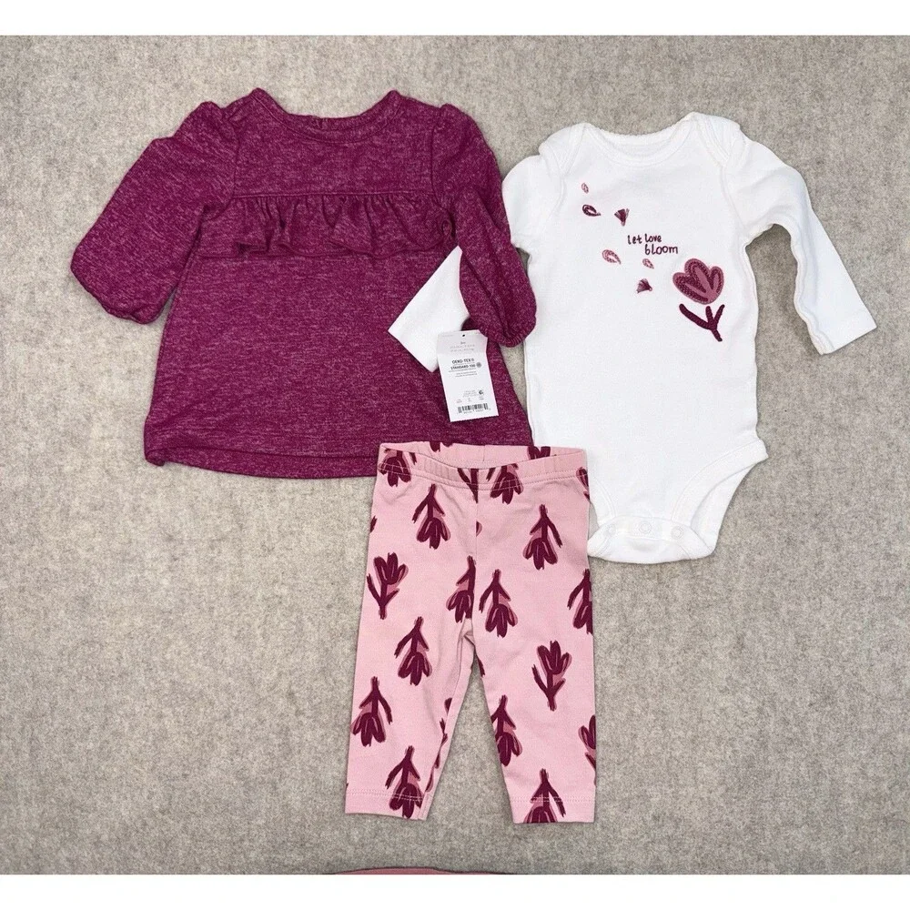 Carters Baby Girl 3 Month 3-piece Set, Pants And Shirts Pink/White NWT